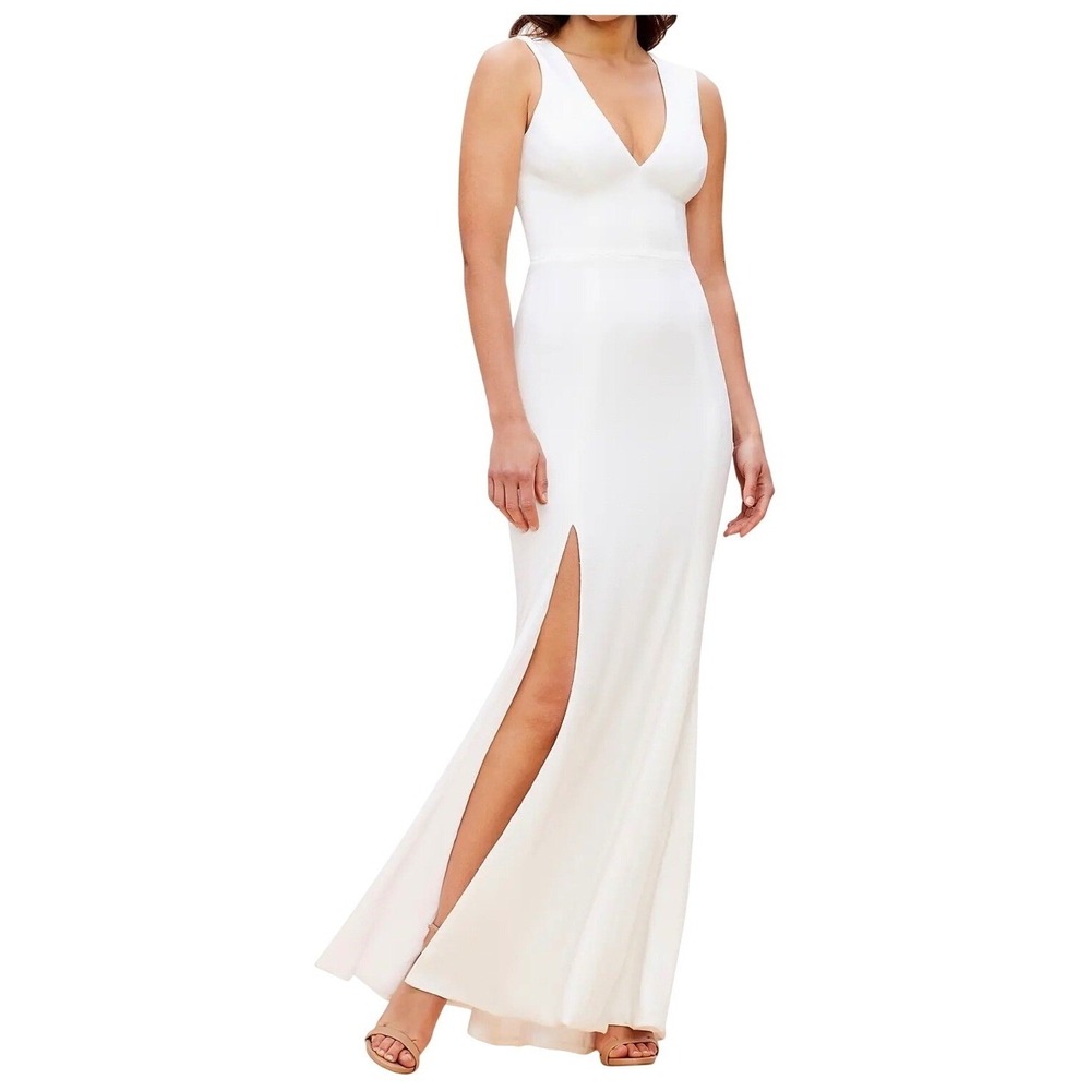 NWOT Dress The Population Womens Sandra Crepe Slit Gown size L Off White Wedding